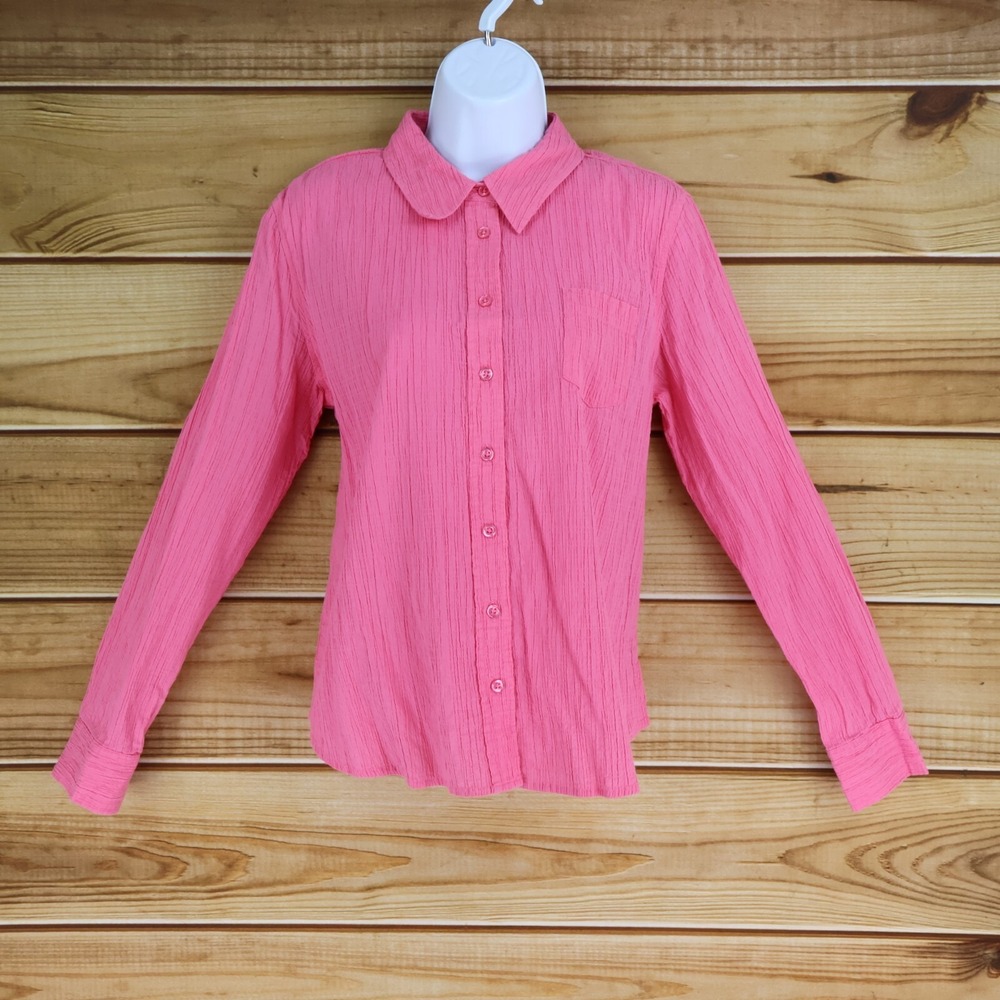 Meridian Bay Long Sleeve Button Up‎ Shirt Womens Sz L Pink Cotton Blend Collared